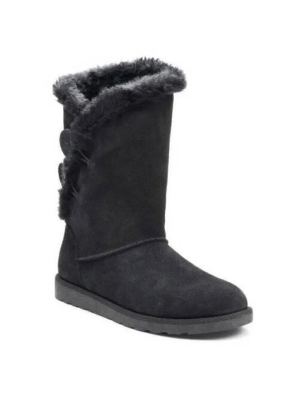 SO Winter Boots 7.5 Womens Black Mid Calf Pull On Plush Suede Button Fx Fur Trim